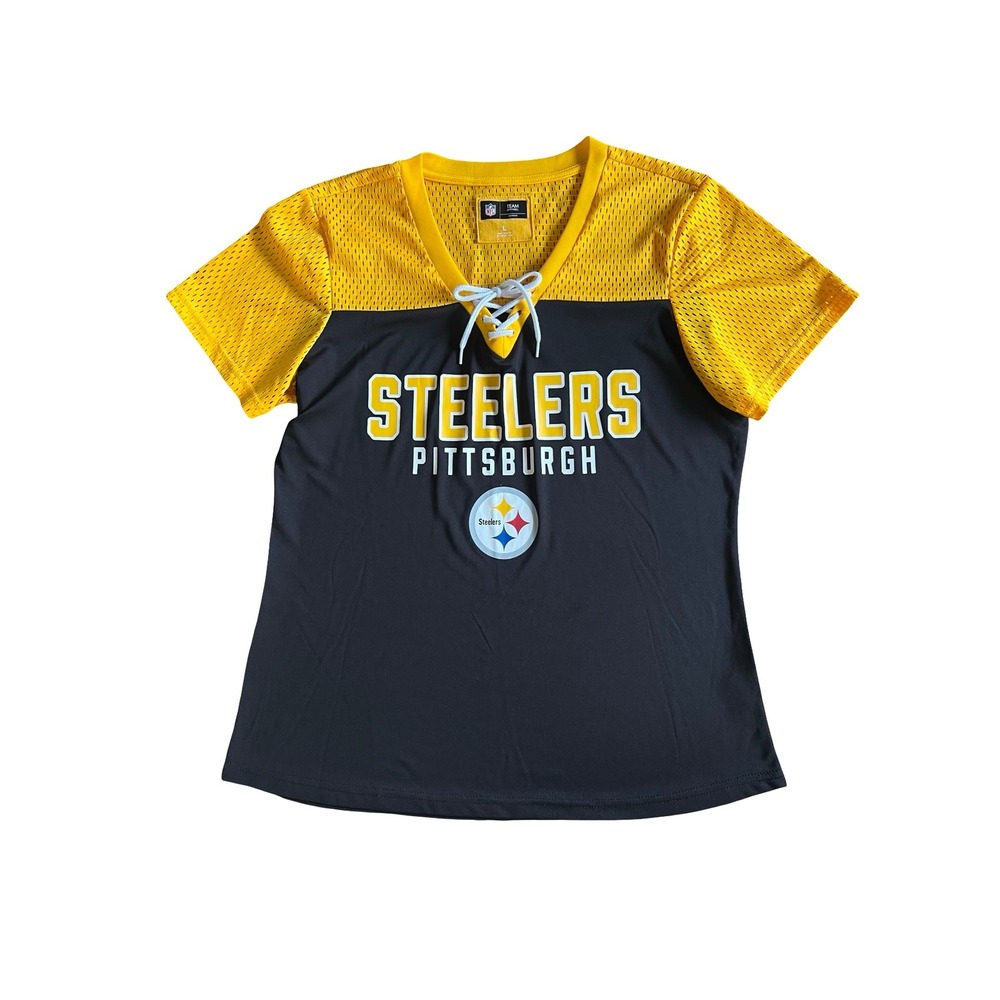 NFL Team Apparel Pittsburgh Steelers Lace Up Jersey Top Black Yellow Womens L